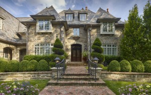 Ardrossan Estate front entrance view of french-normandy style architecture and stone façade in villanova pa on philadelphia's main line